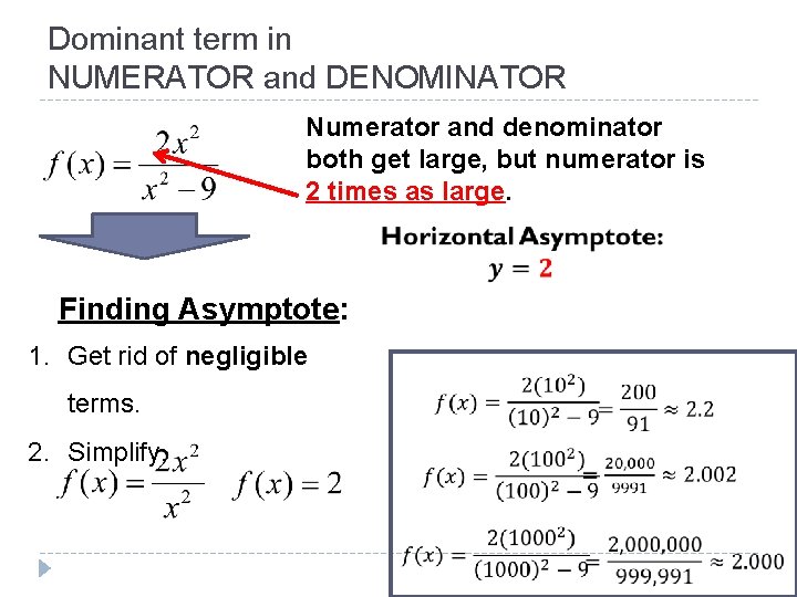Dominant term in NUMERATOR and DENOMINATOR Numerator and denominator both get large, but numerator