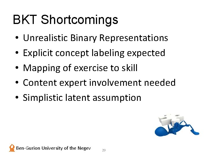 BKT Shortcomings • • • Unrealistic Binary Representations Explicit concept labeling expected Mapping of