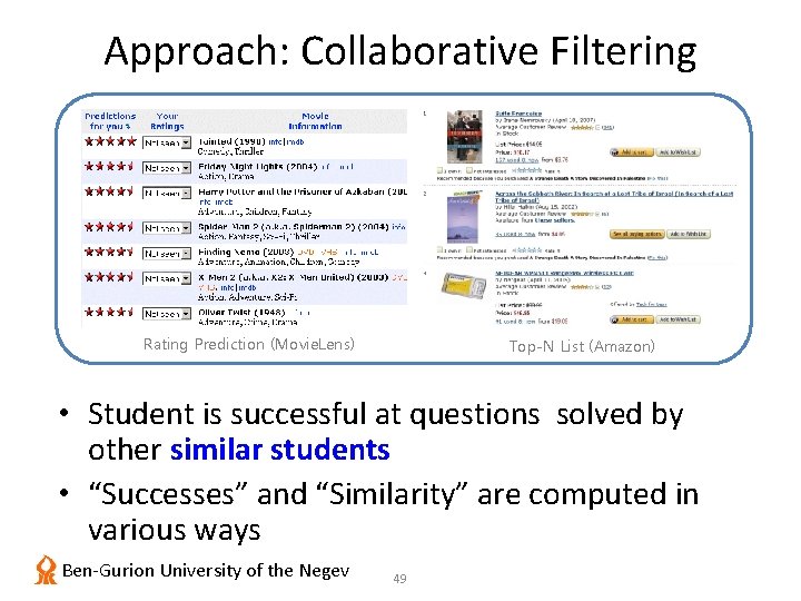 Approach: Collaborative Filtering Rating Prediction (Movie. Lens) Top-N List (Amazon) • Student is successful