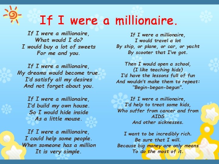 If I were a millionaire, What would I do? I would buy a lot
