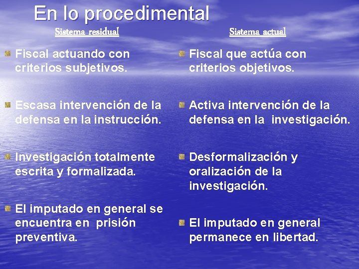 En lo procedimental Sistema residual Sistema actual Fiscal actuando con criterios subjetivos. Fiscal que