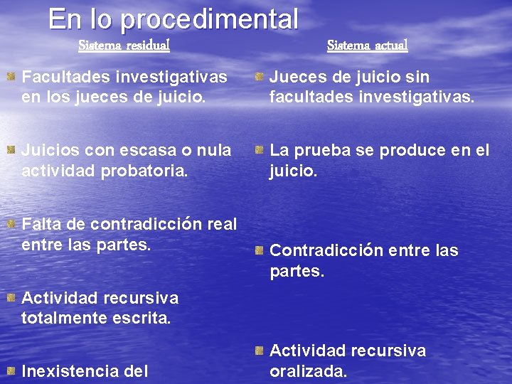 En lo procedimental Sistema residual Sistema actual Facultades investigativas en los jueces de juicio.