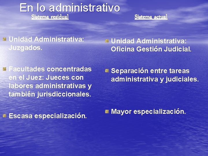 En lo administrativo Sistema residual Sistema actual Unidad Administrativa: Juzgados. Unidad Administrativa: Oficina Gestión