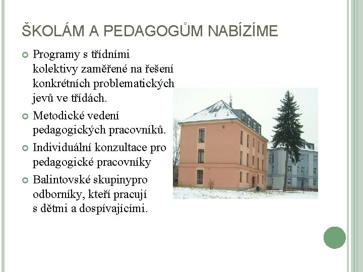 ŠKOLÁM A PEDAGOGŮM NABÍZÍME Programy s třídními kolektivy zaměřené na řešení konkrétních problematických jevů