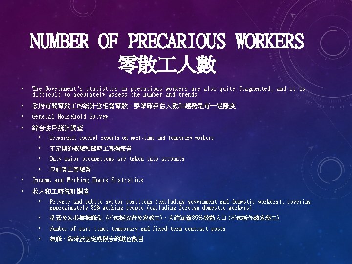 NUMBER OF PRECARIOUS WORKERS 零散 人數 • The Government's statistics on precarious workers are