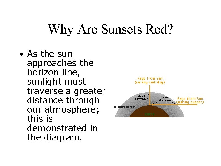 Why Are Sunsets Red? • As the sun approaches the horizon line, sunlight must