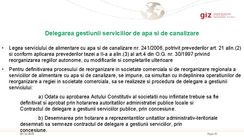 Delegarea gestiunii serviciilor de apa si de canalizare • Legea serviciului de alimentare cu