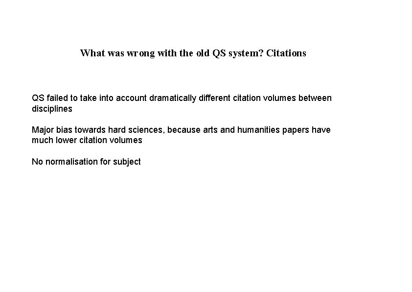 What was wrong with the old QS system? Citations QS failed to take into