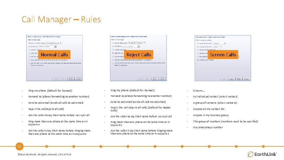 Call Manager – Rules Normal Calls Reject Calls Screen Calls • Ring my phone