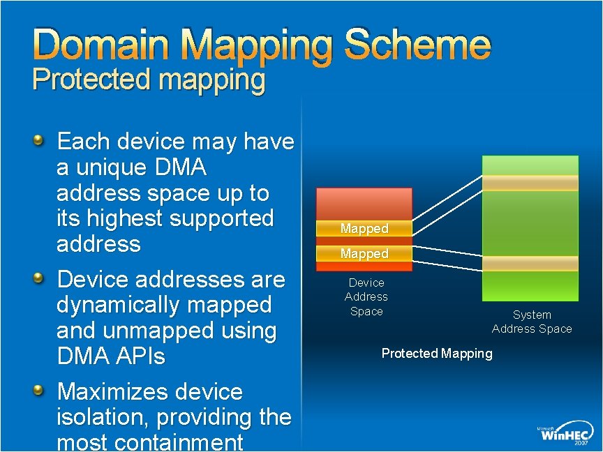 Domain Mapping Scheme Protected mapping Each device may have a unique DMA address space Domain Mapping Scheme Protected mapping Each device may have a unique DMA address space