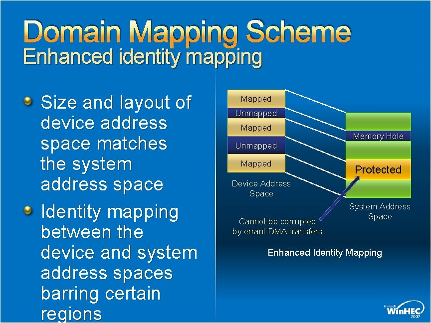Domain Mapping Scheme Enhanced identity mapping Size and layout of device address space matches Domain Mapping Scheme Enhanced identity mapping Size and layout of device address space matches
