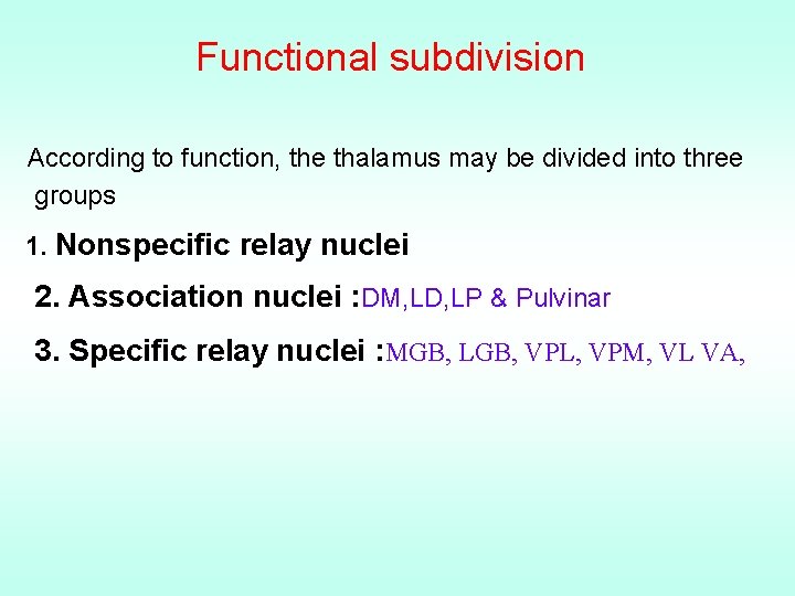 Functional subdivision According to function, the thalamus may be divided into three groups 1.