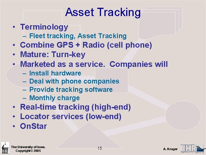 Asset Tracking • Terminology – Fleet tracking, Asset Tracking • Combine GPS + Radio