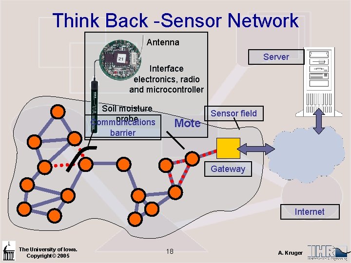 Think Back -Sensor Network Antenna Server Interface electronics, radio and microcontroller Soil moisture probe