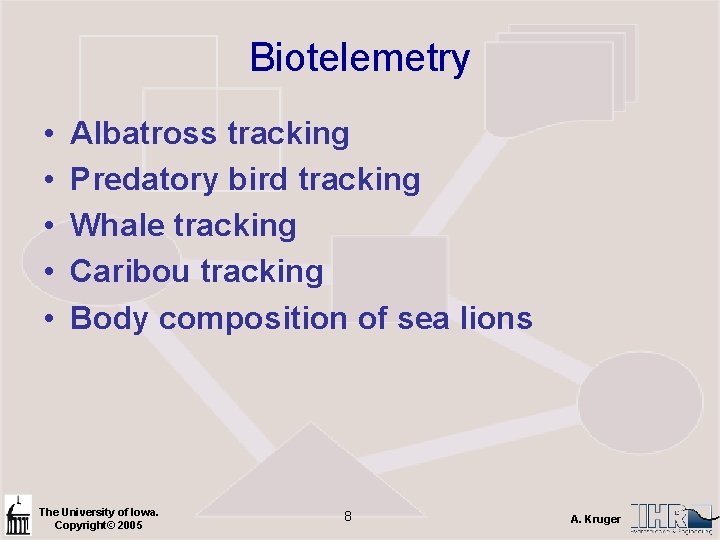 Biotelemetry • • • Albatross tracking Predatory bird tracking Whale tracking Caribou tracking Body