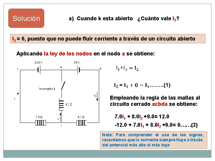 Solución a) Cuando k esta abierto ¿Cuánto vale I 3? I 3 = 0,