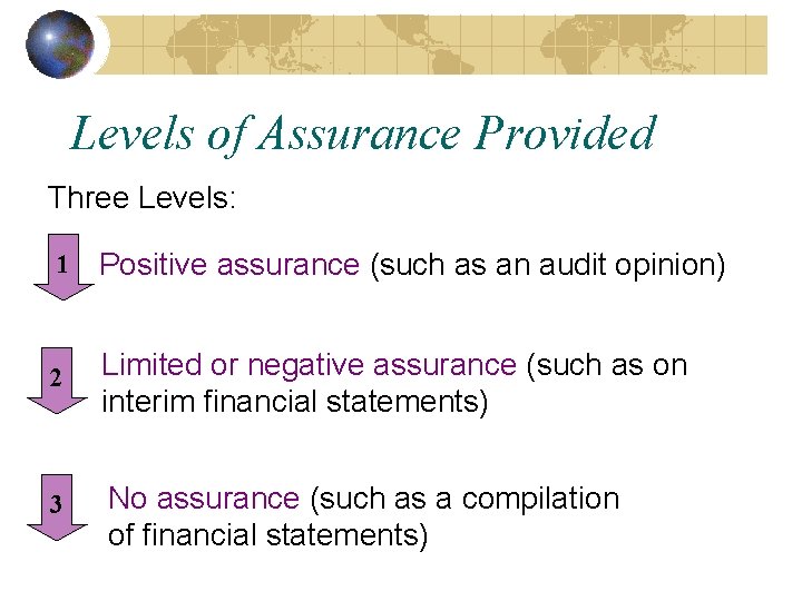 Levels of Assurance Provided Three Levels: 1 Positive assurance (such as an audit opinion)