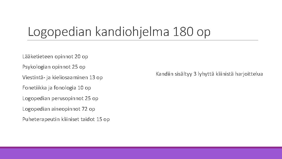 Logopedian kandiohjelma 180 op Lääketieteen opinnot 20 op Psykologian opinnot 25 op Viestintä- ja