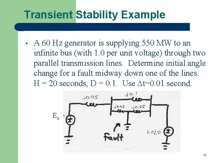 Transient Stability Example • A 60 Hz generator is supplying 550 MW to an