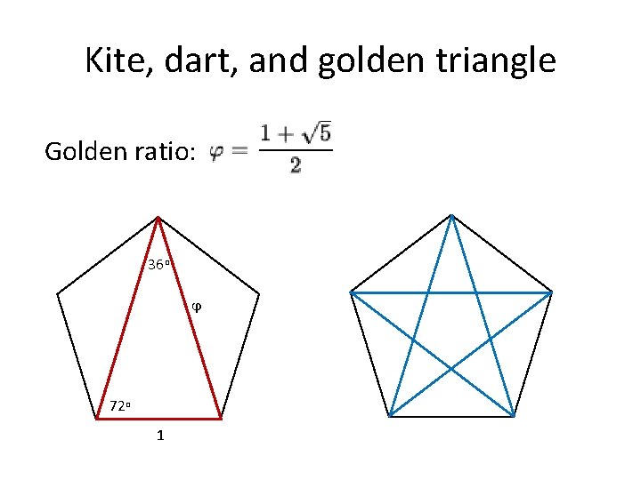 Kite, dart, and golden triangle Golden ratio: 36 o ϕ 72 o 1 