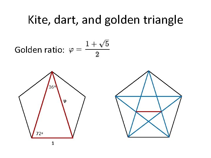 Kite, dart, and golden triangle Golden ratio: 36 o ϕ 72 o 1 