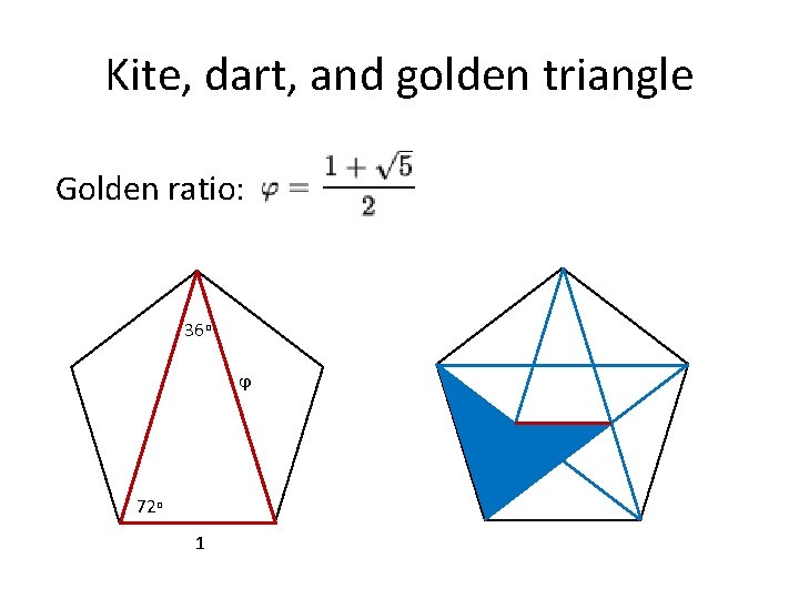 Kite, dart, and golden triangle Golden ratio: 36 o ϕ 72 o 1 