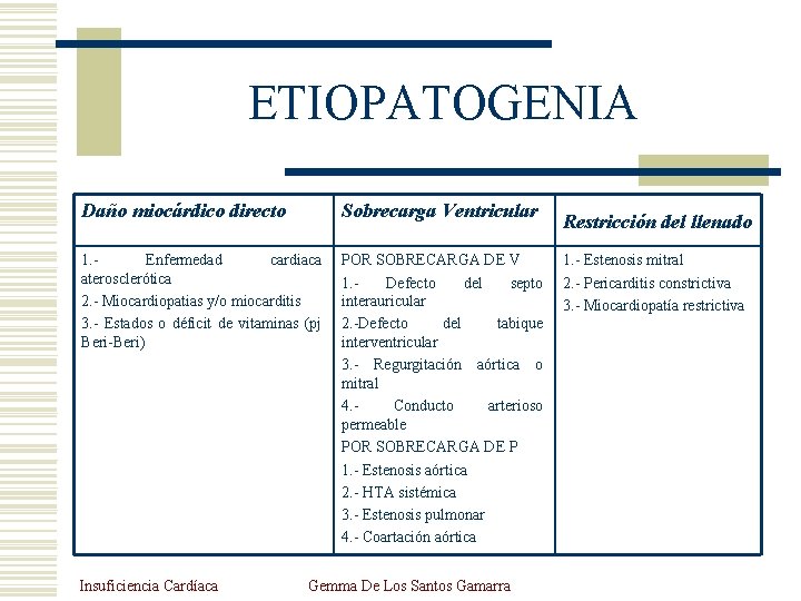 ETIOPATOGENIA Daño miocárdico directo Sobrecarga Ventricular 1. Enfermedad cardiaca aterosclerótica 2. - Miocardiopatias y/o