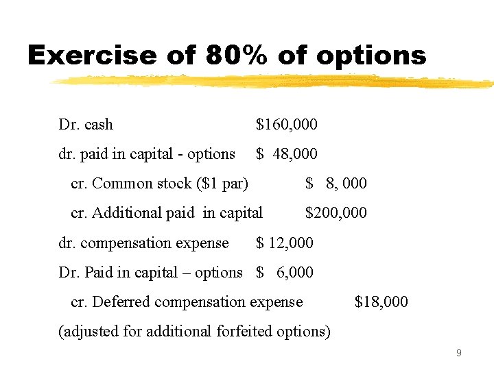 Exercise of 80% of options Dr. cash $160, 000 dr. paid in capital -