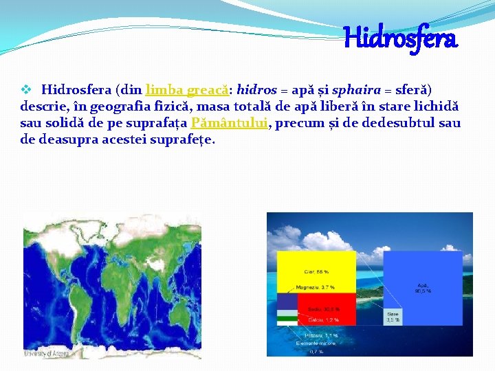 Hidrosfera v Hidrosfera (din limba greacă: hidros = apă și sphaira = sferă) descrie,