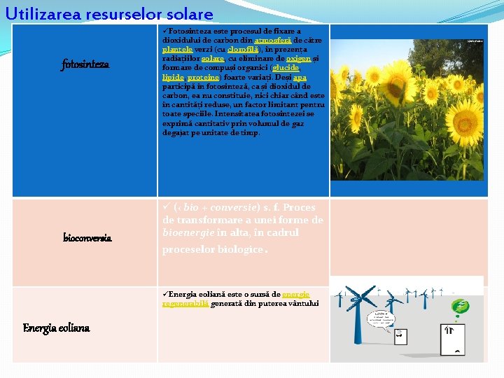 Utilizarea resurselor solare fotosinteza bioconversia Energia eoliana üFotosinteza este procesul de fixare a dioxidului