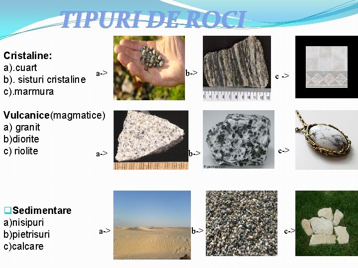 TIPURI DE ROCI Cristaline: a). cuart b). sisturi cristaline c). marmura a-> Vulcanice(magmatice) a)