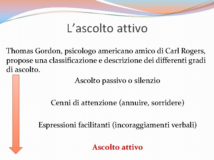 L’ascolto attivo Thomas Gordon, psicologo americano amico di Carl Rogers, propose una classificazione e L’ascolto attivo Thomas Gordon, psicologo americano amico di Carl Rogers, propose una classificazione e