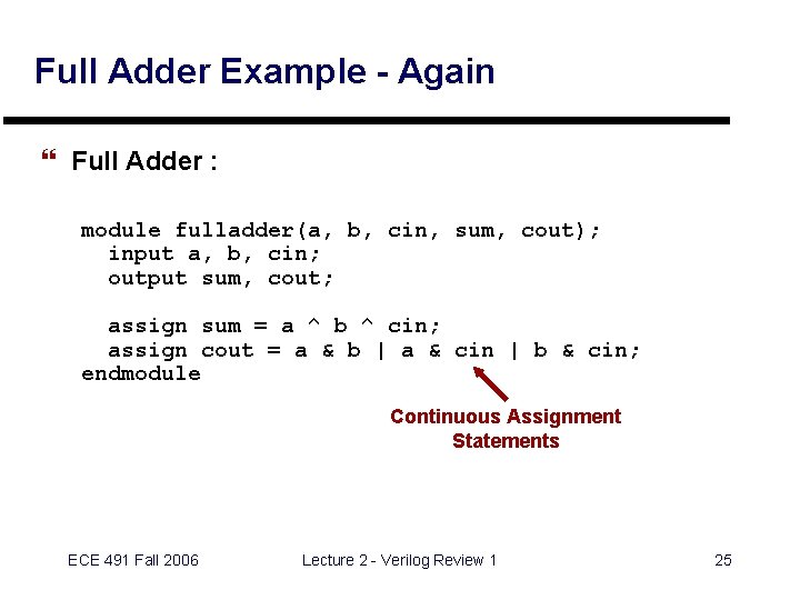 Full Adder Example - Again } Full Adder : module fulladder(a, b, cin, sum,