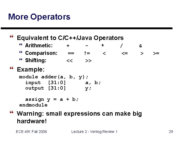 More Operators } Equivalent to C/C++/Java Operators } Arithmetic: } Comparison: } Shifting: +