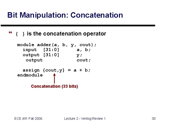 Bit Manipulation: Concatenation } { } is the concatenation operator module adder(a, b, y,