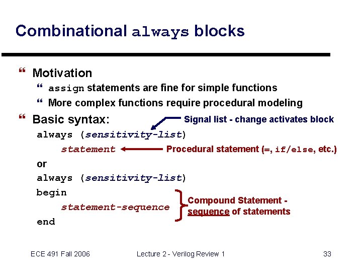 Combinational always blocks } Motivation } assign statements are fine for simple functions }