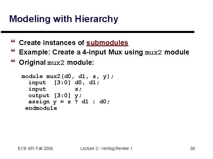 Modeling with Hierarchy } Create instances of submodules } Example: Create a 4 -input