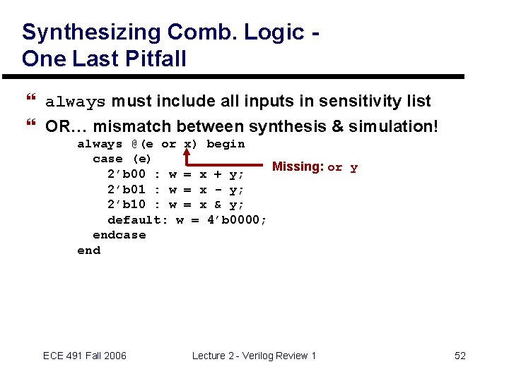 Synthesizing Comb. Logic One Last Pitfall } always must include all inputs in sensitivity