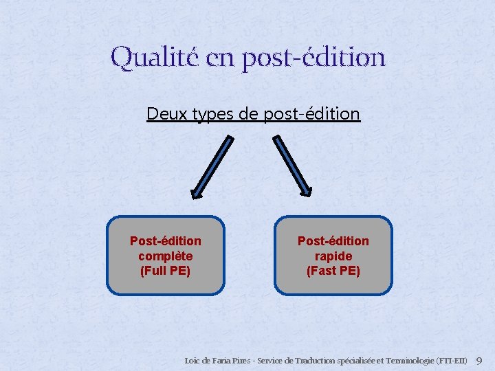 Qualité en post-édition Deux types de post-édition Post-édition complète (Full PE) Post-édition rapide (Fast