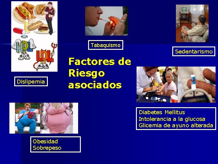 Tabaquismo Dislipemia Sedentarismo Factores de Riesgo asociados Diabetes Mellitus Intolerancia a la glucosa Glicemia