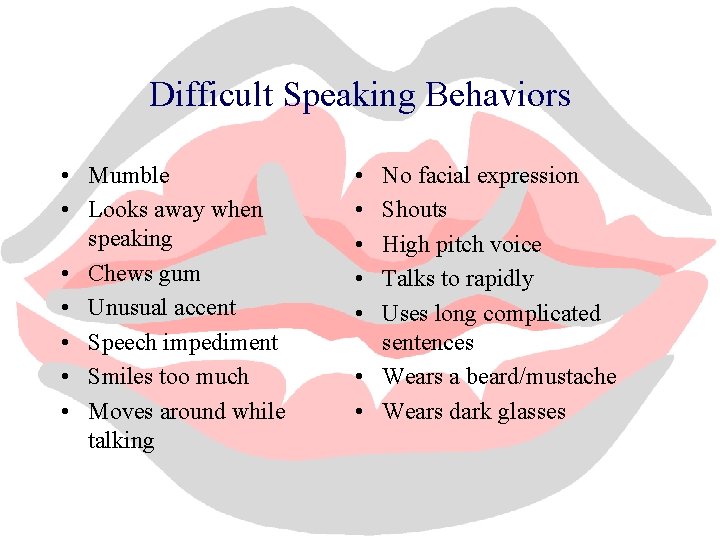 Difficult Speaking Behaviors • Mumble • Looks away when speaking • Chews gum •