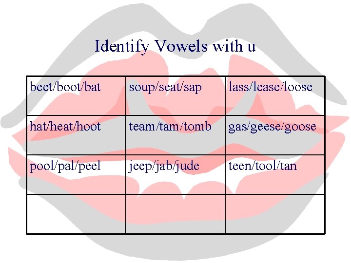 Identify Vowels with u beet/boot/bat soup/seat/sap lass/lease/loose hat/heat/hoot team/tomb gas/geese/goose pool/pal/peel jeep/jab/jude teen/tool/tan 