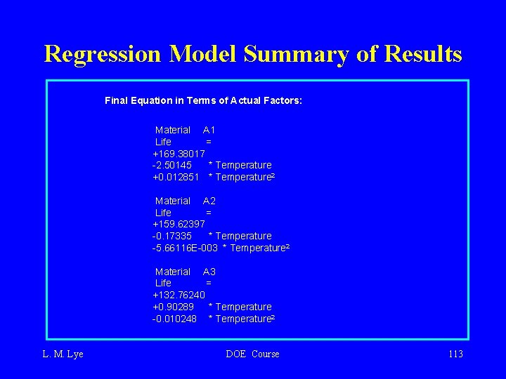 Regression Model Summary of Results Final Equation in Terms of Actual Factors: Material A