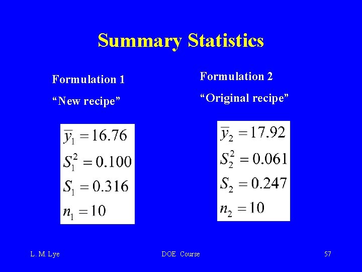 Summary Statistics Formulation 1 Formulation 2 “New recipe” “Original recipe” L. M. Lye DOE