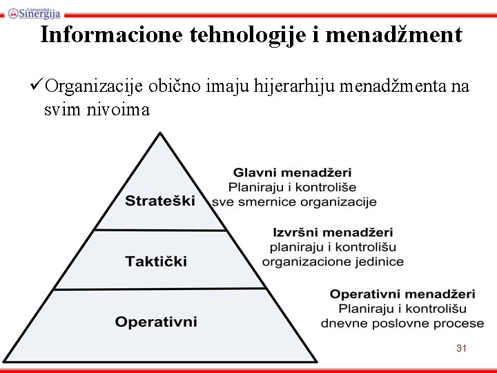 Informacione tehnologije i menadžment üOrganizacije obično imaju hijerarhiju menadžmenta na svim nivoima 9. 11.