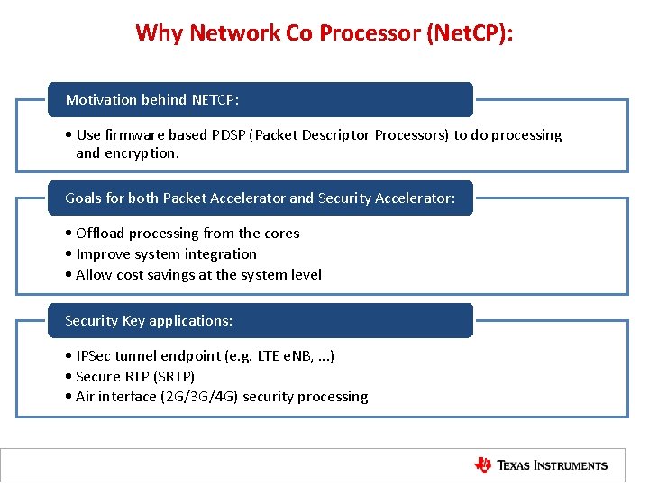 Why Network Co Processor (Net. CP): Motivation behind NETCP: • Use firmware based PDSP
