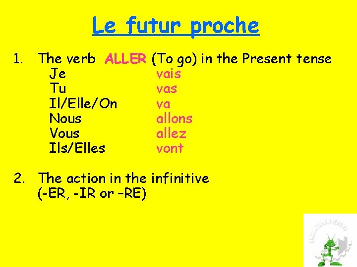 Le futur proche 1. The verb ALLER Je Tu Il/Elle/On Nous Vous Ils/Elles (To