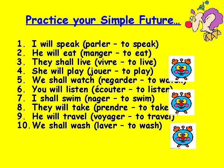 Practice your Simple Future… 1. I will speak (parler – to speak) 2. He