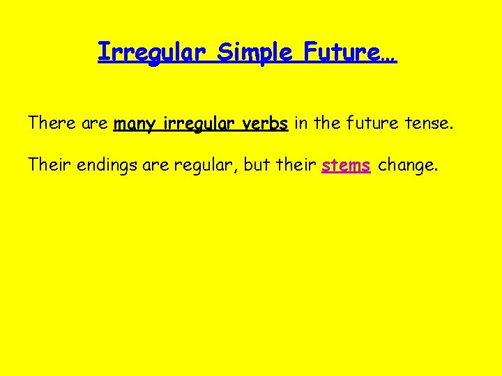 Irregular Simple Future… There are many irregular verbs in the future tense. Their endings