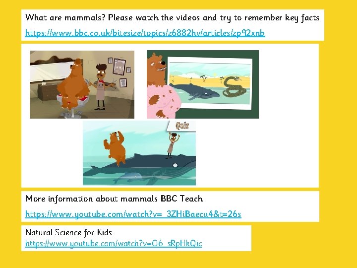 What are mammals? Please watch the videos and try to remember key facts https: